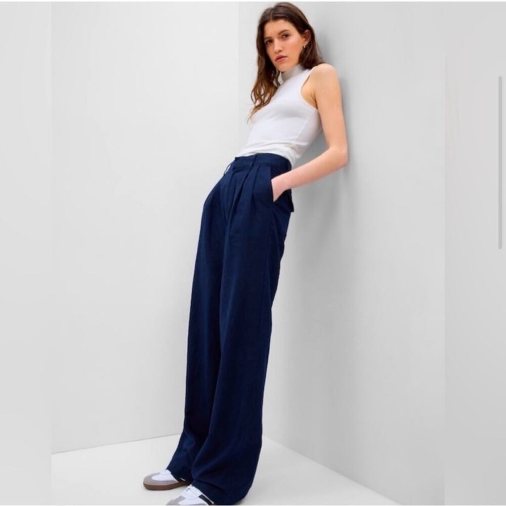 GAP Women’s Sz 2 High Rise Pleated LINEN Wide-Leg BOHO Trouser Navy Blue Pants